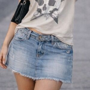Y2K Ecko Red Low Rise Denim Micro Mini Skirt Distressed Frayed Hem Jean Skirt